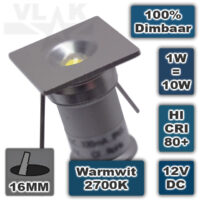 Vierkante mini ledspot inbouw 12Vdc 1W Dimbaar 2700K Warmwit