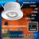 Kleine inbouwspot Led Wit 12V 1W 2700K Warmwit Rond Dimbaar