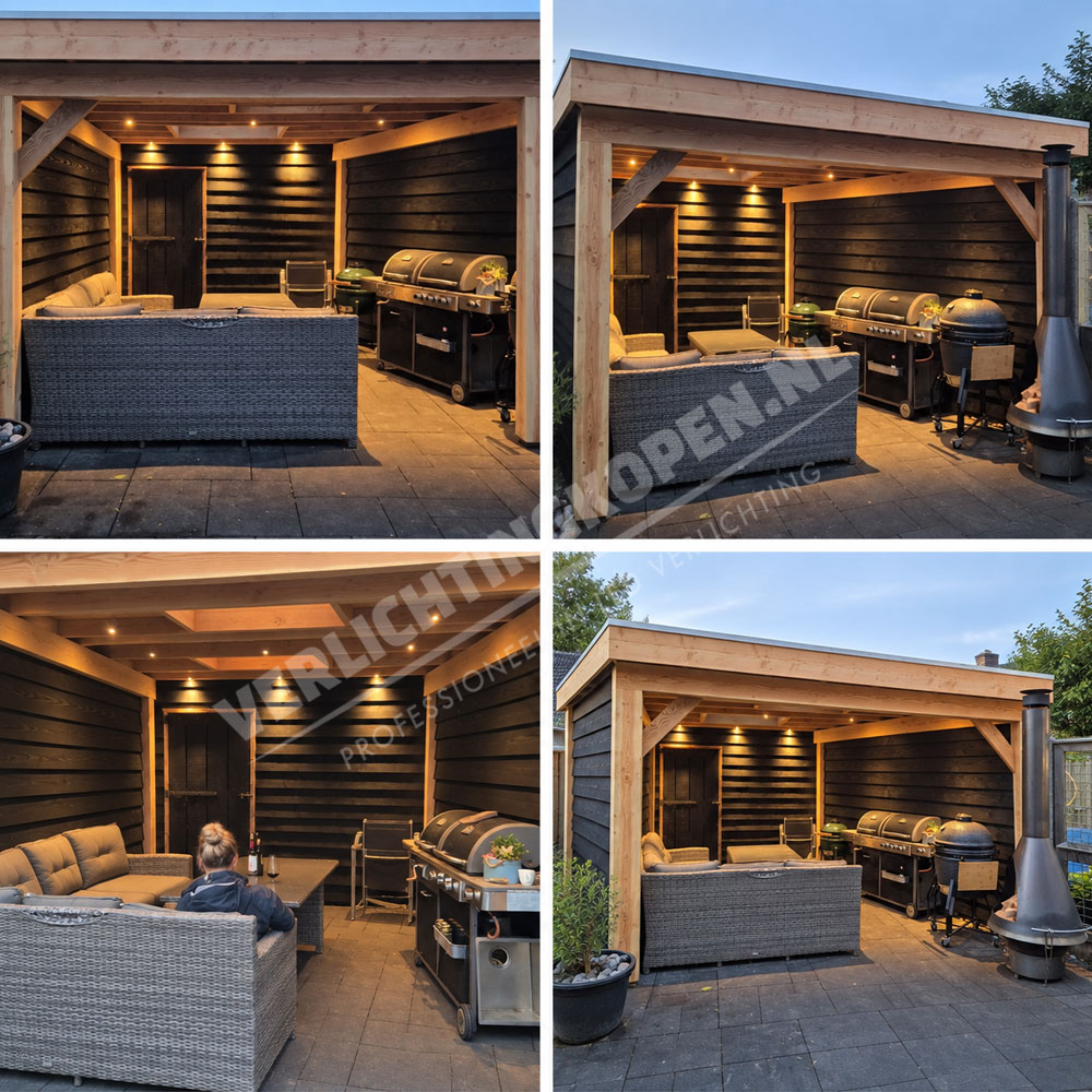 Overkapping met spots in houten balken