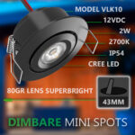 Inbouwspot Zwart Kantelbaar - krachtig warm licht - CREE - Dimbaar - 12Vdc - VLK10